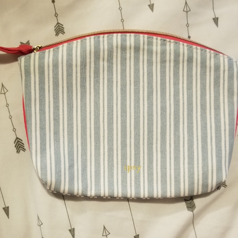 Blue and white makeup bag